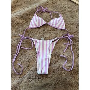 Purple White Striped Triangle-string  Bikini Set High Cut Tie Swimsuit Medium